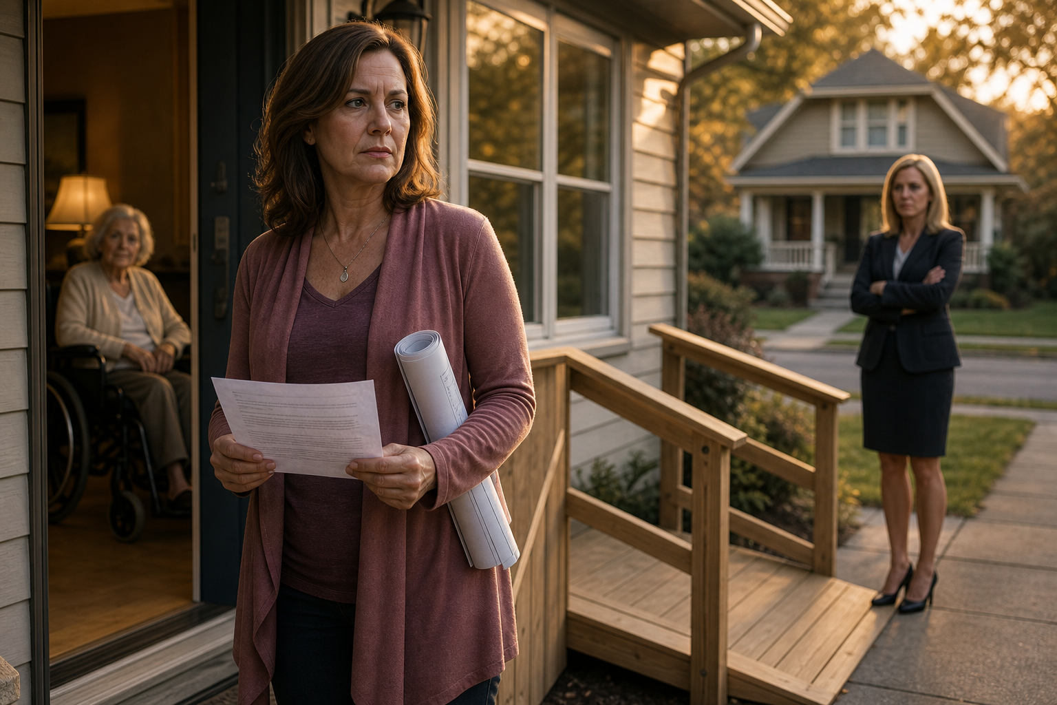 A tense woman stands on a front porch near a wheelchair ramp while her elderly mother sits inside and a disapproving neighbor watches from the sidewalk.