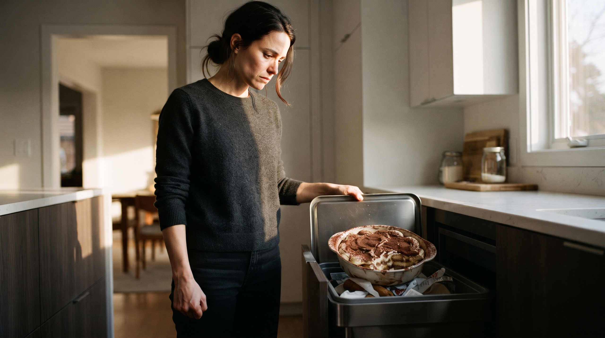 Emma throws away tiramisu in her kitchen, her face pained