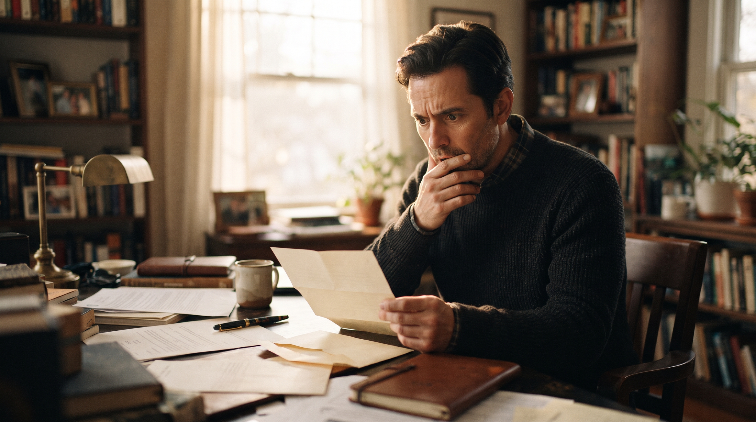 Marcus alone at a desk, shocked expression while reading official inheritance papers in afternoon light.