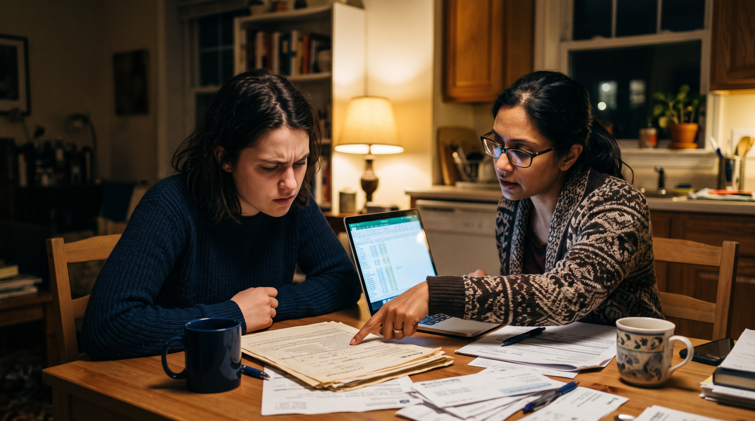 Two women review financial papers at a kitchen table late at night.
