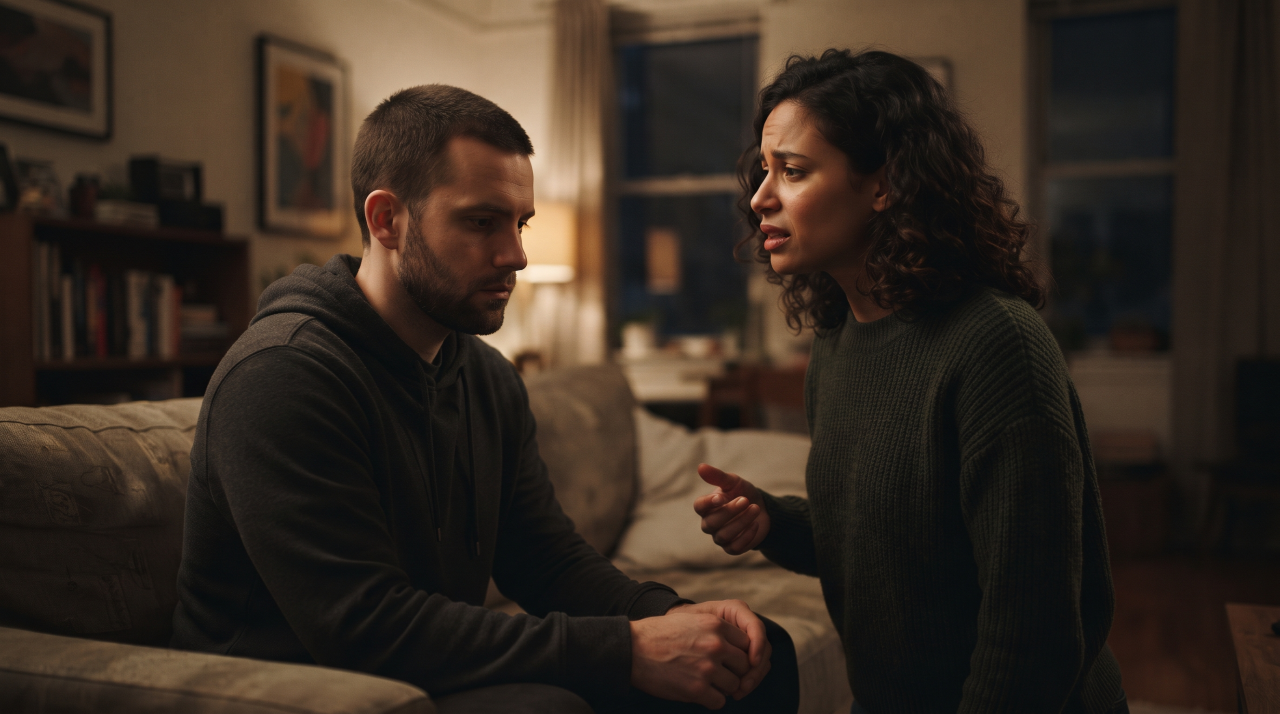 Sophia speaks earnestly to Marcus while he sits distanced, not meeting her gaze, hurt evident on his face.