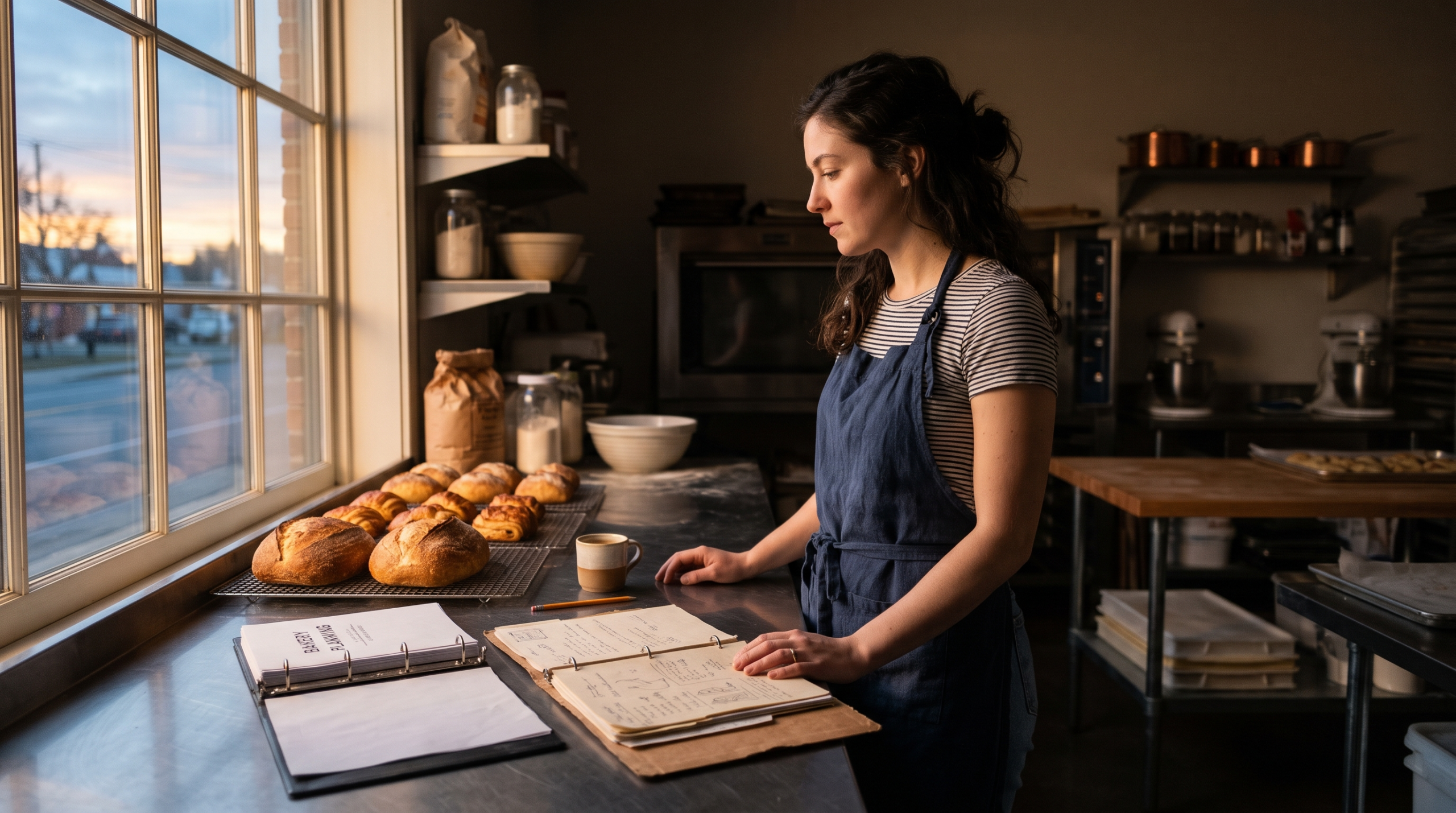 Baker alone at dawn stares at an open folder beside trays of bread.