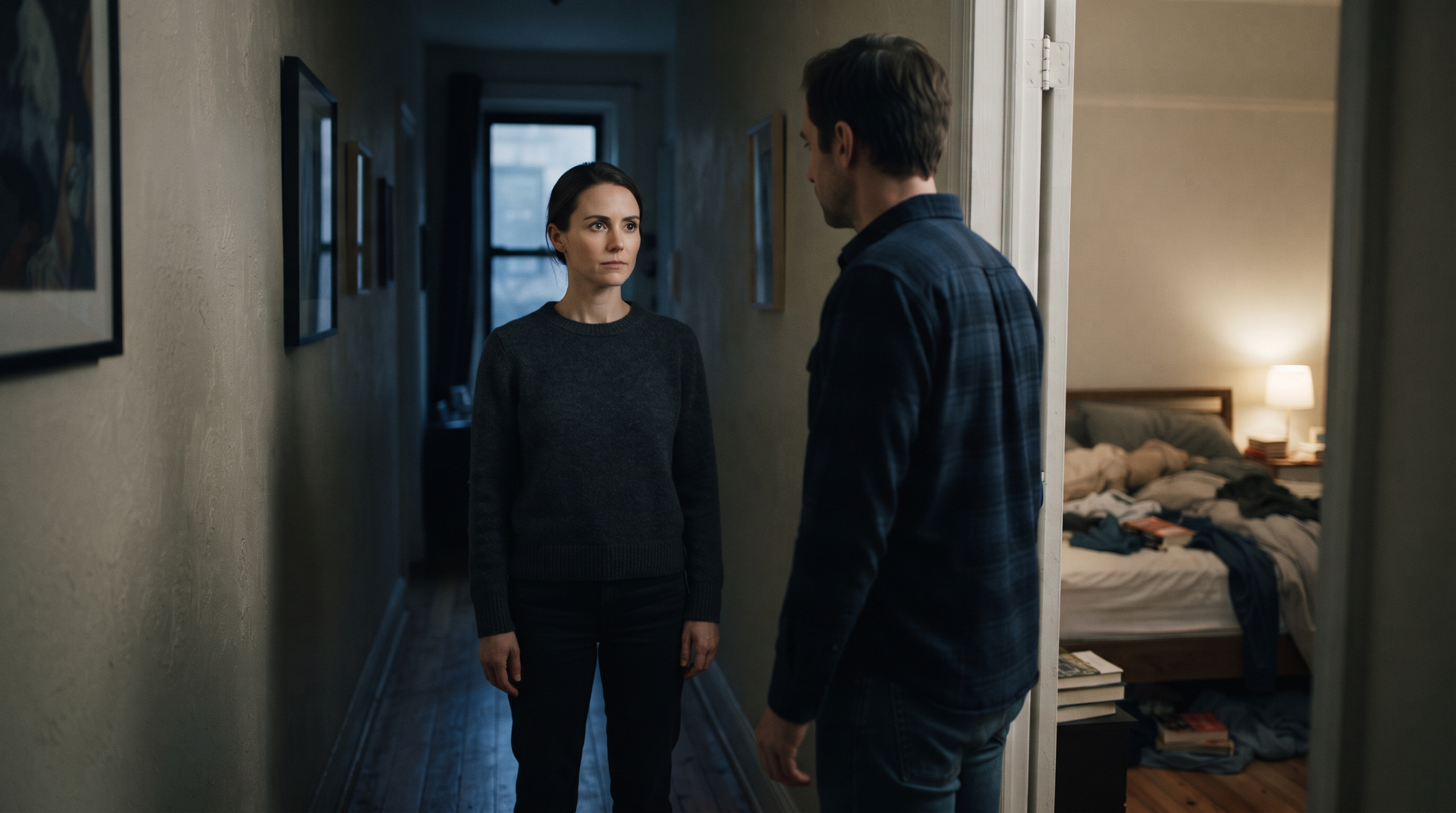 Emma confronts James with quiet resolve, his back to her